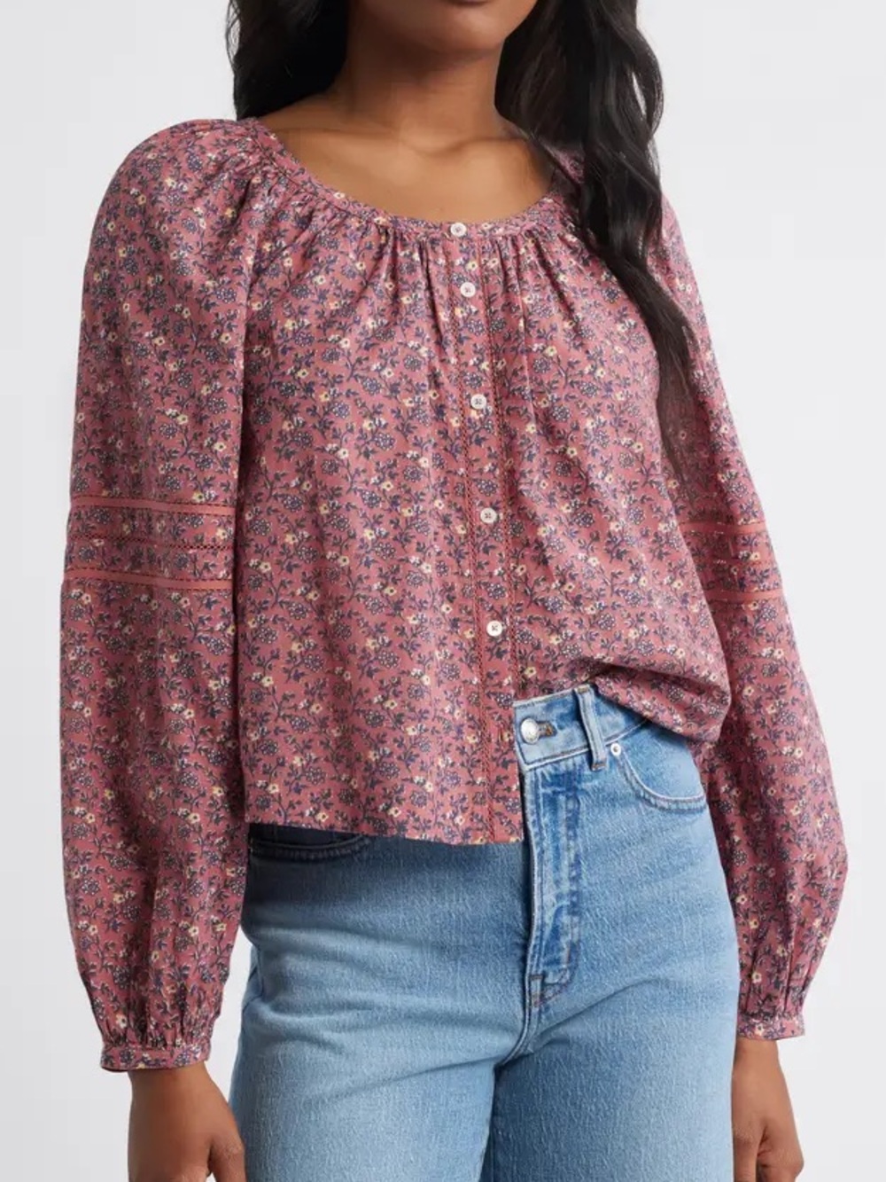 Madewell Floral Button-Front Long Sleeve Blouse - Pink